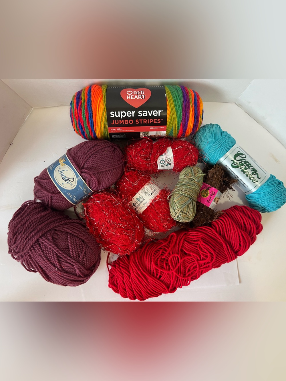Lot of New Mixed Yarn Variety of Brands red/purple/glitter/blue/stripes